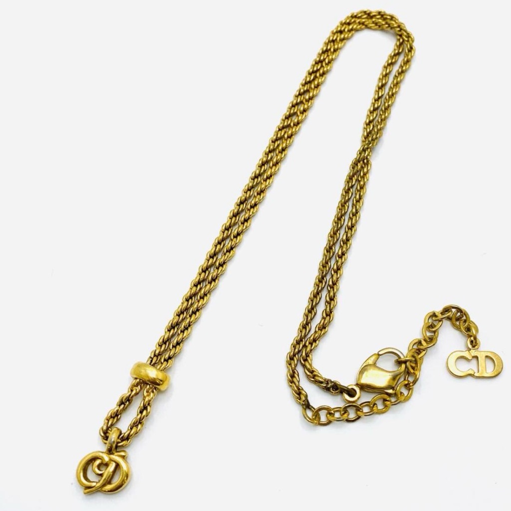Vintage Christian Dior Gold Plated Long Necklace, Dior Logo, Authentic